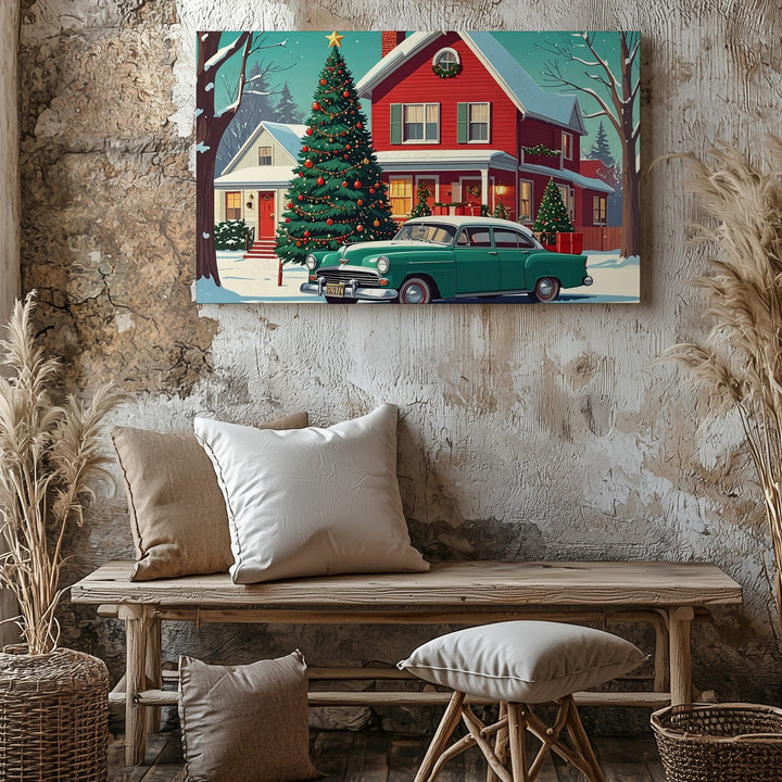 Retro Christmas Car Canvas – Vintage Holiday Home & Tree Scene - Gifitto