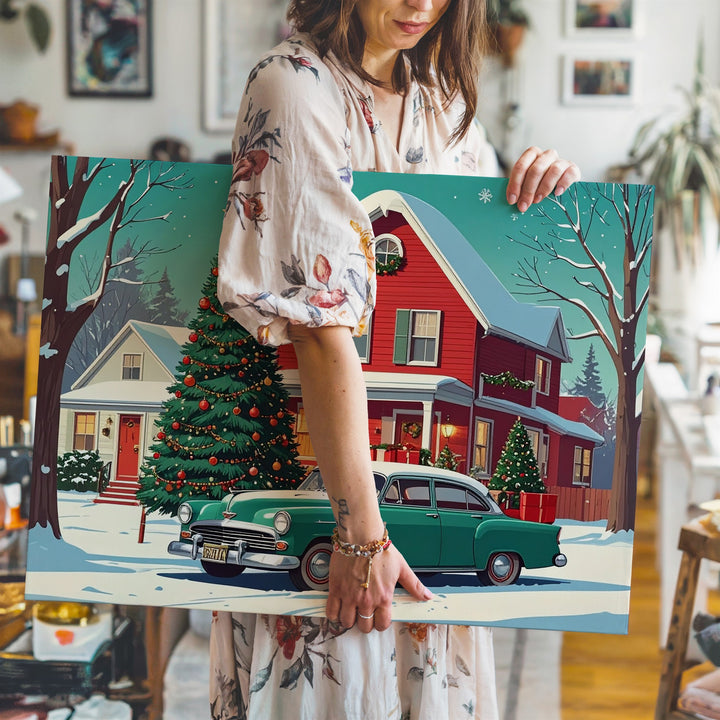 Retro Christmas Car Canvas – Vintage Holiday Home & Tree Scene - Gifitto