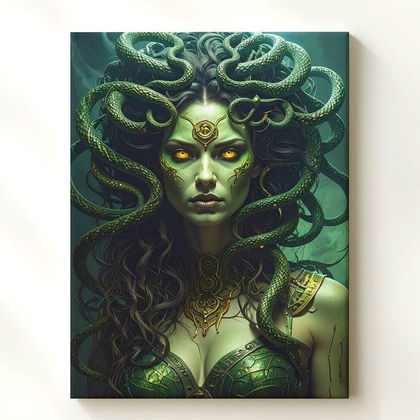 Neo-Medusa Canvas – Emerald Serpent Warrior with Glowing Eyes Wall Art - Gifitto