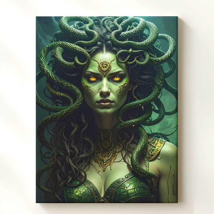 Neo-Medusa Canvas – Emerald Serpent Warrior with Glowing Eyes Wall Art - Gifitto