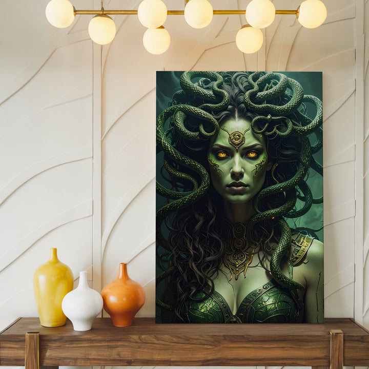 Neo-Medusa Canvas – Emerald Serpent Warrior with Glowing Eyes Wall Art - Gifitto