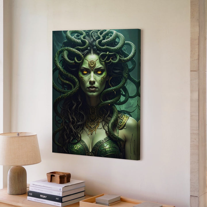 Neo-Medusa Canvas – Emerald Serpent Warrior with Glowing Eyes Wall Art - Gifitto