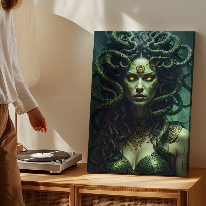 Neo-Medusa Canvas – Emerald Serpent Warrior with Glowing Eyes Wall Art - Gifitto