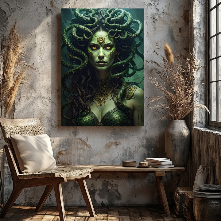 Neo-Medusa Canvas – Emerald Serpent Warrior with Glowing Eyes Wall Art - Gifitto