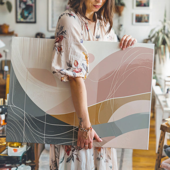 Pastel Contour Flow Canvas – Minimalist Abstract in Soft Taupe & Pink - Gifitto