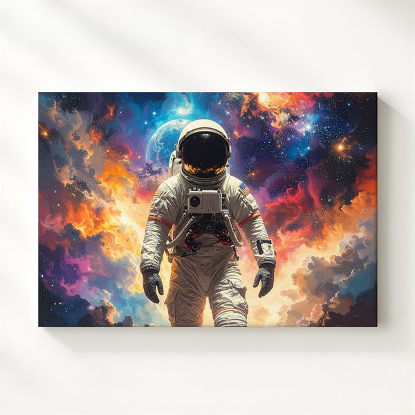 Lone Astronaut Exploration Canvas – Cosmic Dust Field & Vibrant Nebula - Gifitto