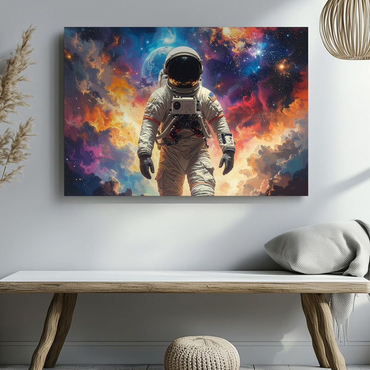 Lone Astronaut Exploration Canvas – Cosmic Dust Field & Vibrant Nebula - Gifitto