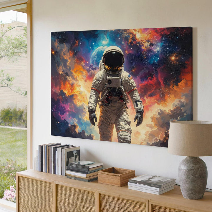 Lone Astronaut Exploration Canvas – Cosmic Dust Field & Vibrant Nebula - Gifitto