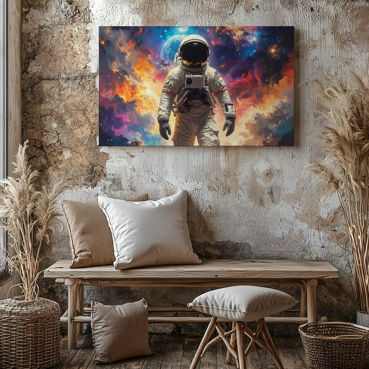 Lone Astronaut Exploration Canvas – Cosmic Dust Field & Vibrant Nebula - Gifitto