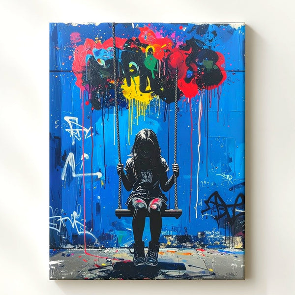 Urban Graffiti Canvas – Girl on Swing Set with Colorful Paint Drips