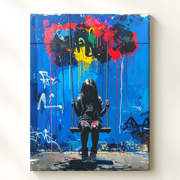 Urban Graffiti Canvas – Girl on Swing Set with Colorful Paint Drips - Gifitto