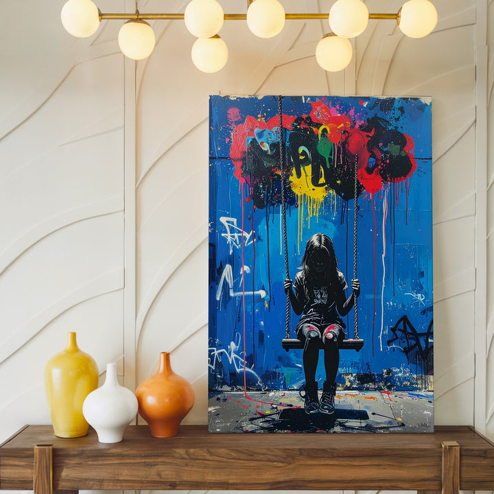 Urban Graffiti Canvas – Girl on Swing Set with Colorful Paint Drips - Gifitto