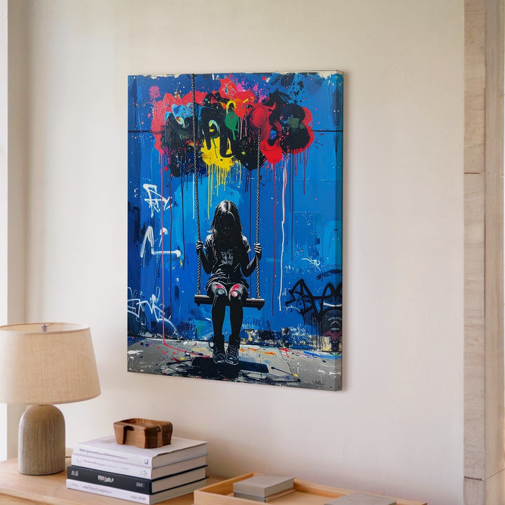 Urban Graffiti Canvas – Girl on Swing Set with Colorful Paint Drips - Gifitto