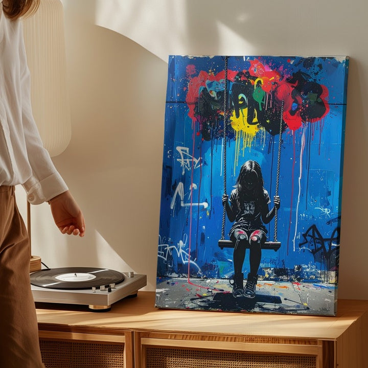 Urban Graffiti Canvas – Girl on Swing Set with Colorful Paint Drips - Gifitto