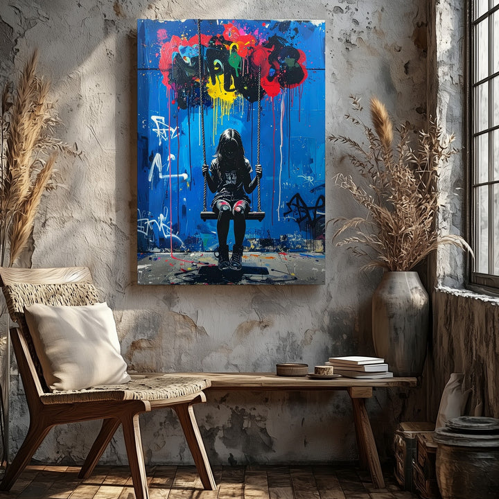 Urban Graffiti Canvas – Girl on Swing Set with Colorful Paint Drips - Gifitto