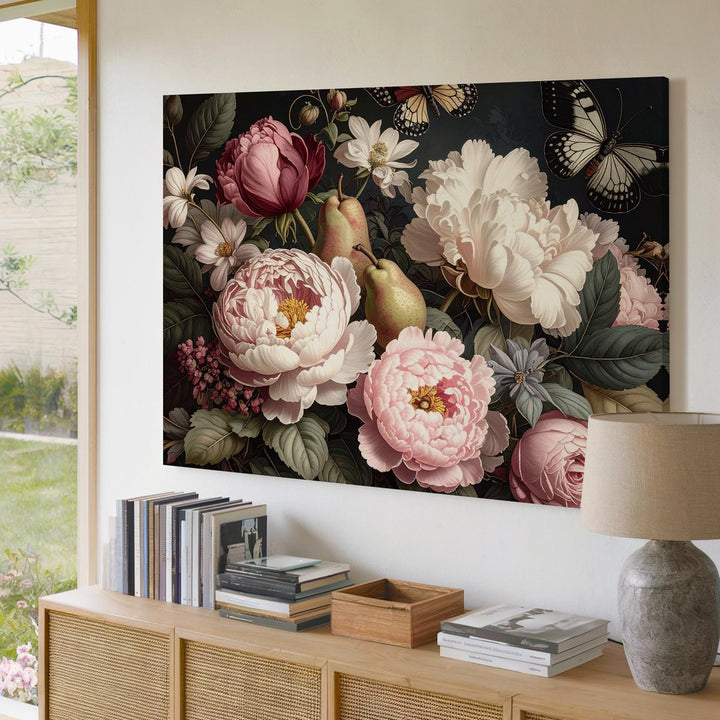 Baroque Floral Still Life Canvas – Elegant Peonies and Roses with Chiaroscuro - Gifitto