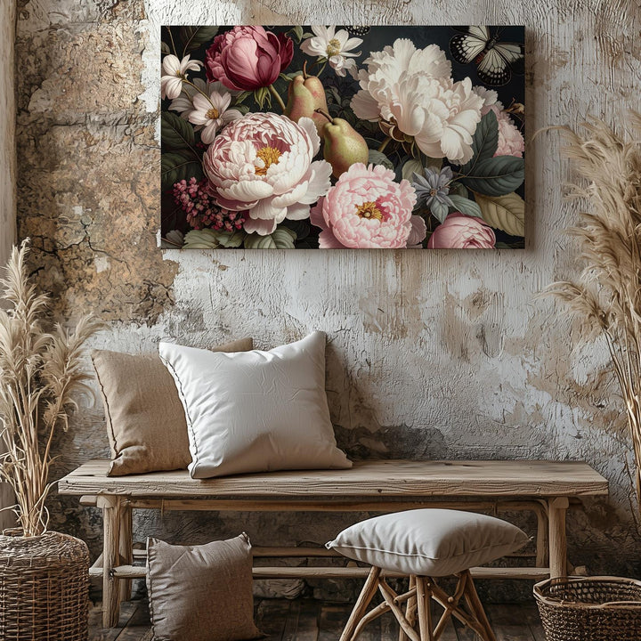 Baroque Floral Still Life Canvas – Elegant Peonies and Roses with Chiaroscuro - Gifitto