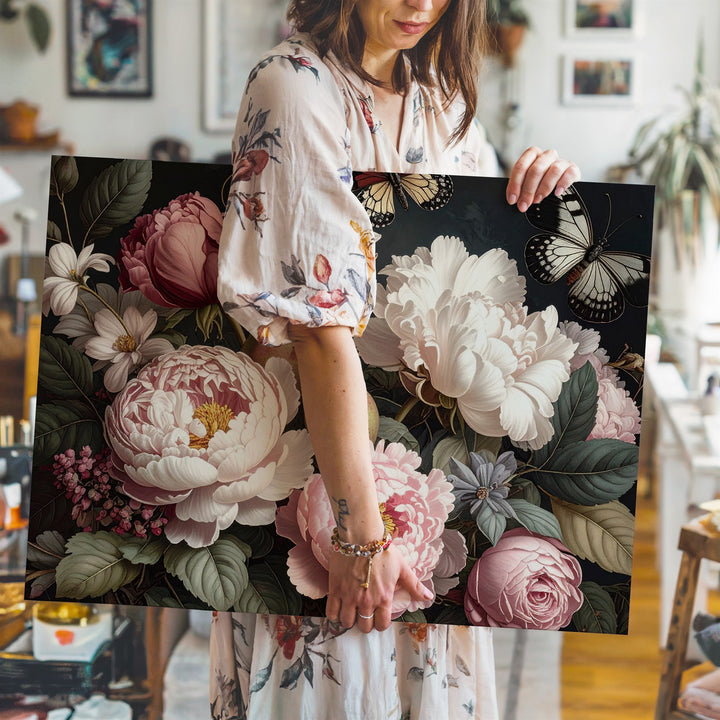 Baroque Floral Still Life Canvas – Elegant Peonies and Roses with Chiaroscuro - Gifitto