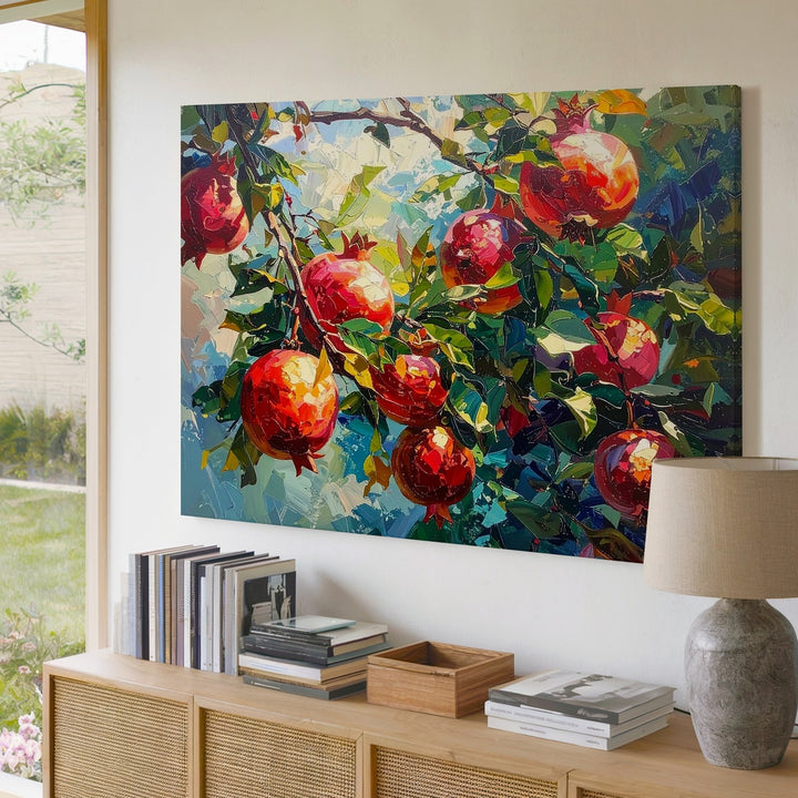 Vibrant Pomegranate Tree Canvas – Impressionistic Fruit Art - Gifitto