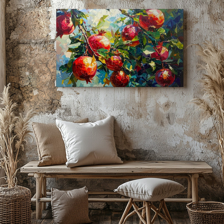 Vibrant Pomegranate Tree Canvas – Impressionistic Fruit Art - Gifitto