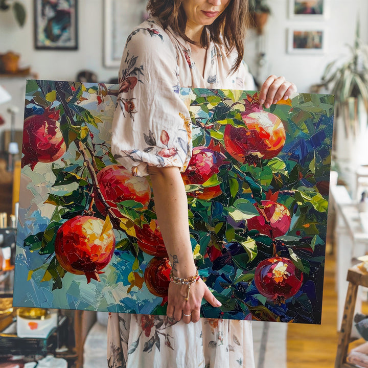 Vibrant Pomegranate Tree Canvas – Impressionistic Fruit Art - Gifitto