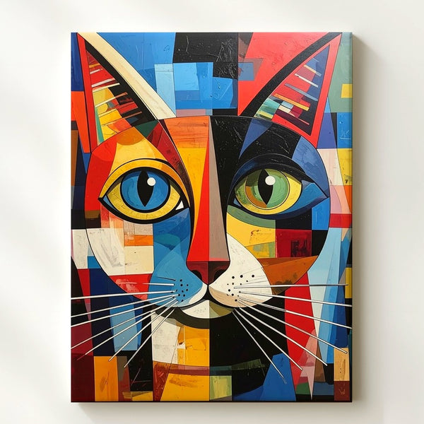 Cubist Cat Canvas – Bold Geometric Feline Portrait in Modern Art Style - Gifitto
