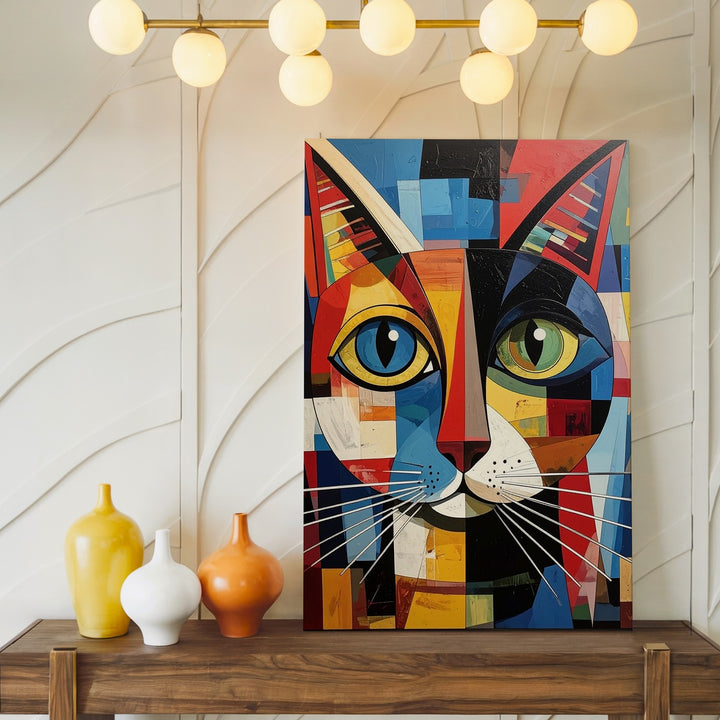 Cubist Cat Canvas – Bold Geometric Feline Portrait in Modern Art Style - Gifitto