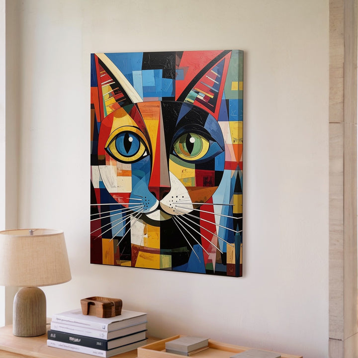 Cubist Cat Canvas – Bold Geometric Feline Portrait in Modern Art Style - Gifitto