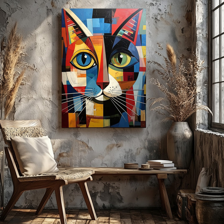 Cubist Cat Canvas – Bold Geometric Feline Portrait in Modern Art Style - Gifitto