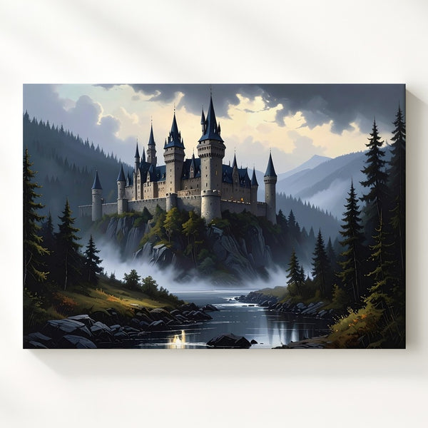 Misty Castle in Forest Canvas – Majestic Medieval Landscape Wall Art - Gifitto