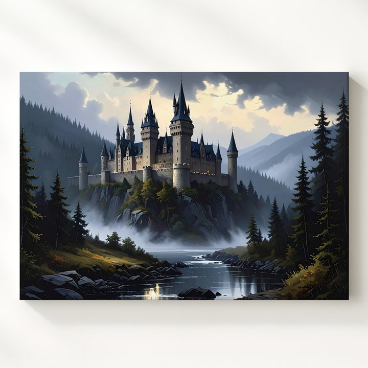 Misty Castle in Forest Canvas – Majestic Medieval Landscape Wall Art - Gifitto