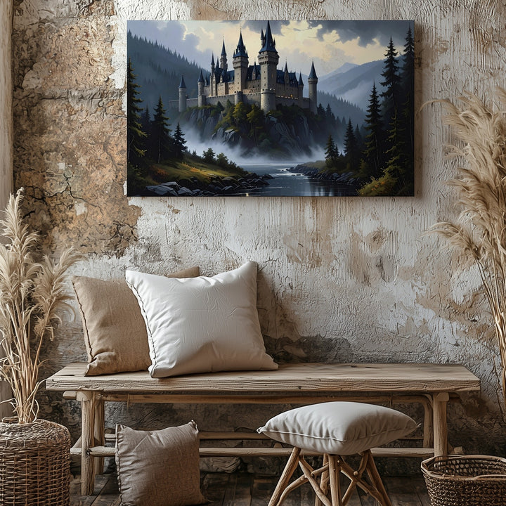 Misty Castle in Forest Canvas – Majestic Medieval Landscape Wall Art - Gifitto