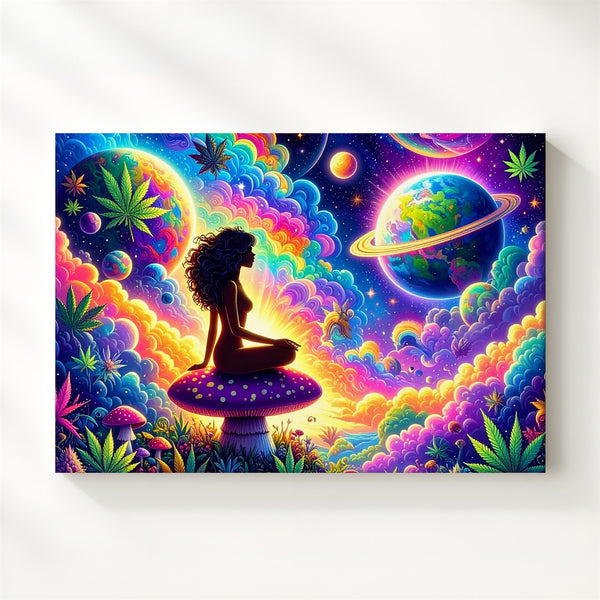 Psychedelic Space Dream Canvas – Silhouetted Woman on Purple Mushroom - Gifitto