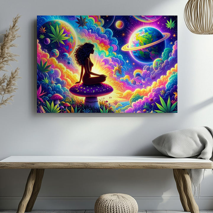 Psychedelic Space Dream Canvas – Silhouetted Woman on Purple Mushroom - Gifitto