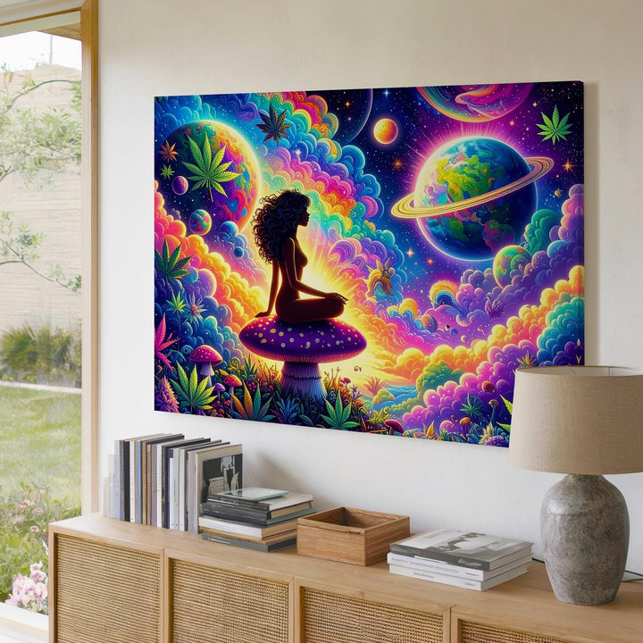 Psychedelic Space Dream Canvas – Silhouetted Woman on Purple Mushroom - Gifitto