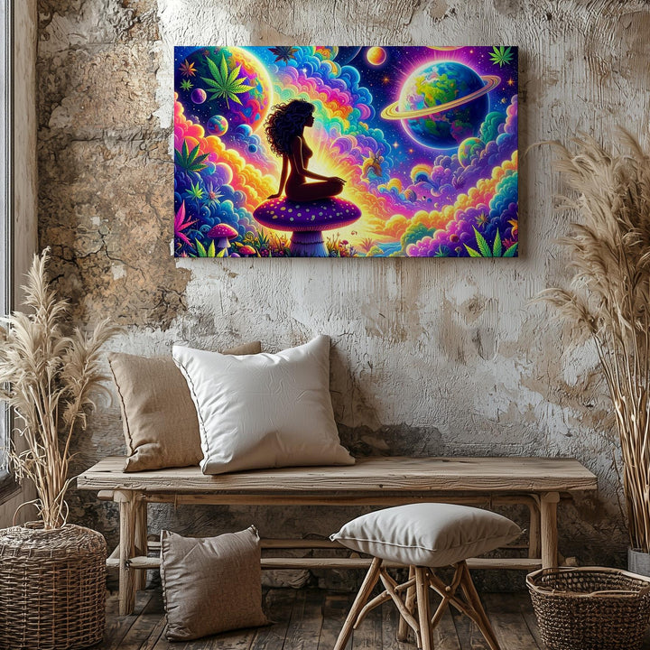 Psychedelic Space Dream Canvas – Silhouetted Woman on Purple Mushroom - Gifitto
