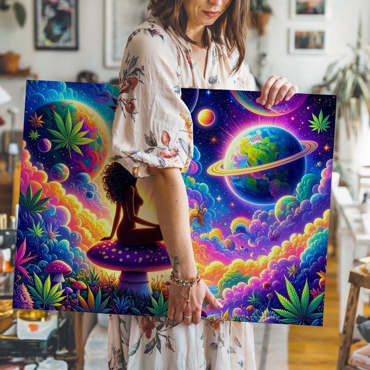 Psychedelic Space Dream Canvas – Silhouetted Woman on Purple Mushroom - Gifitto