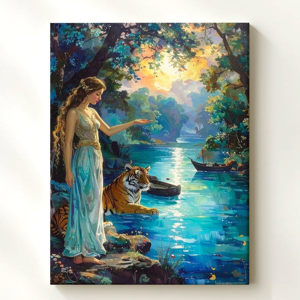River Guardian Canvas – Mystical Woman and Feline in Enchanted Forest - Gifitto