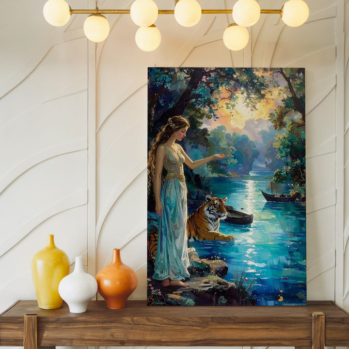 River Guardian Canvas – Mystical Woman and Feline in Enchanted Forest - Gifitto