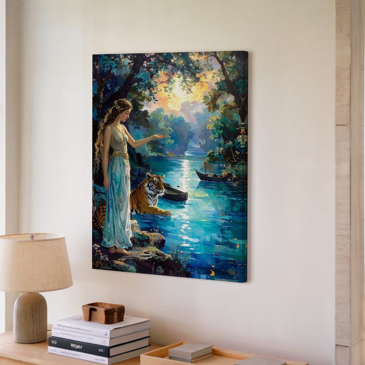 River Guardian Canvas – Mystical Woman and Feline in Enchanted Forest - Gifitto