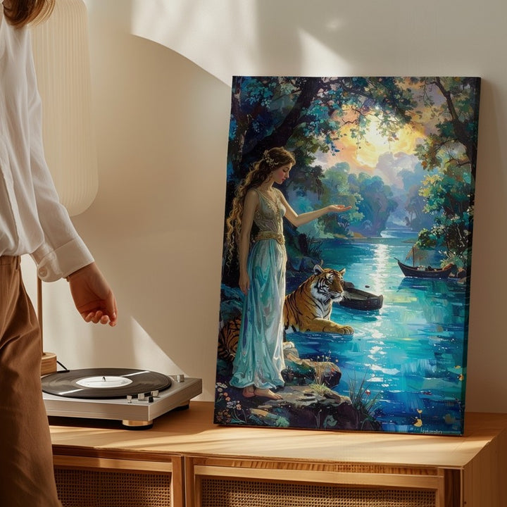 River Guardian Canvas – Mystical Woman and Feline in Enchanted Forest - Gifitto