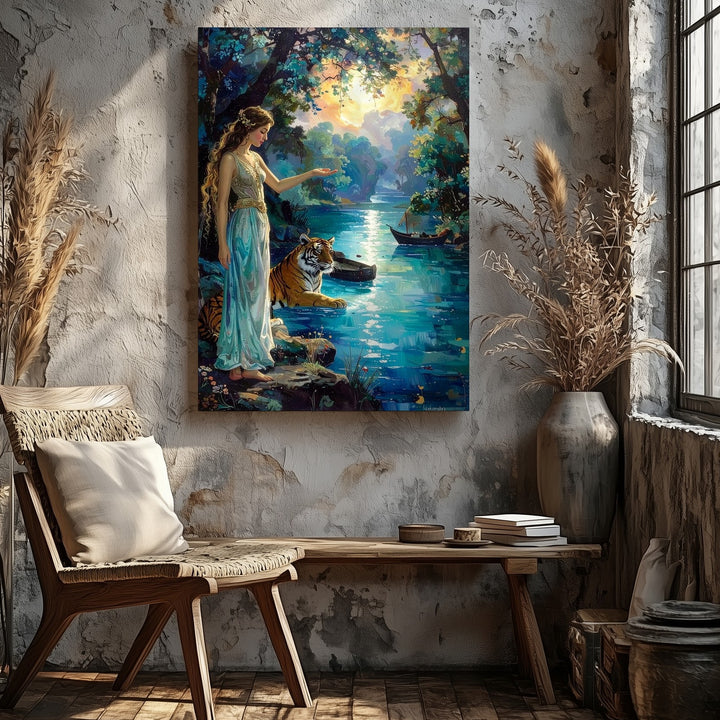 River Guardian Canvas – Mystical Woman and Feline in Enchanted Forest - Gifitto