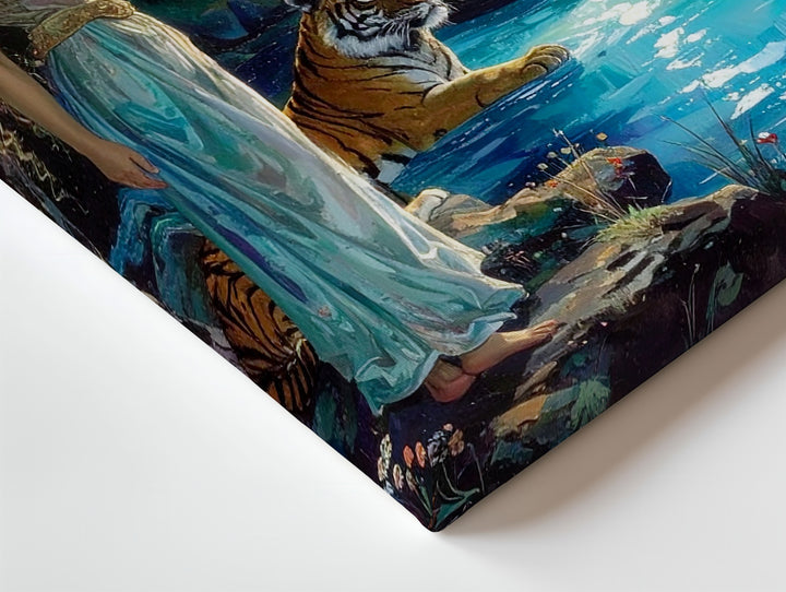 River Guardian Canvas – Mystical Woman and Feline in Enchanted Forest - Gifitto
