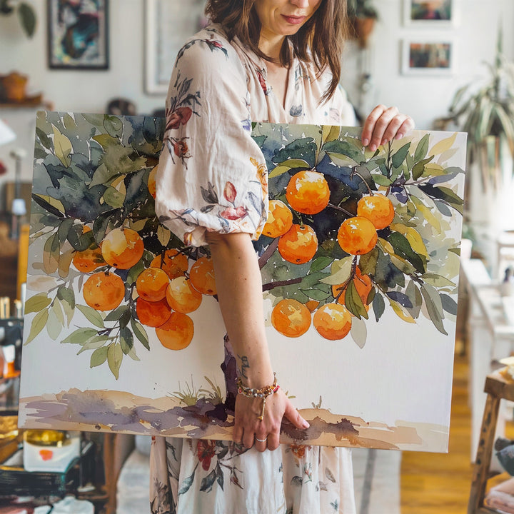 Golden Harvest Orange Tree Canvas – Watercolor Botanical Wall Art - Gifitto