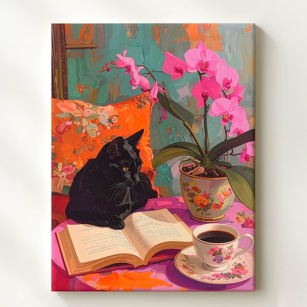Cozy Cat & Coffee Still Life Canvas – Warm Reading Nook Wall Art - Gifitto