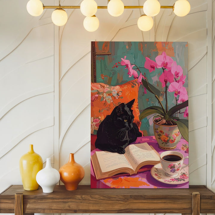 Cozy Cat & Coffee Still Life Canvas – Warm Reading Nook Wall Art - Gifitto