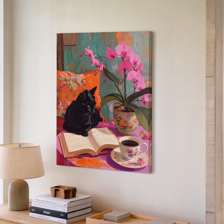 Cozy Cat & Coffee Still Life Canvas – Warm Reading Nook Wall Art - Gifitto