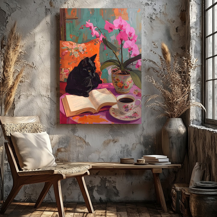 Cozy Cat & Coffee Still Life Canvas – Warm Reading Nook Wall Art - Gifitto
