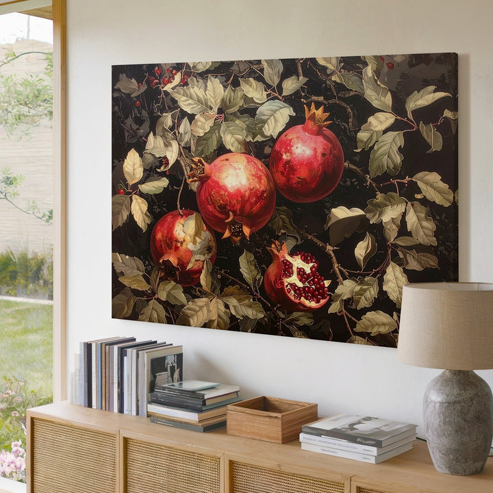 Dark Pomegranate Tapestry Canvas – Moody Botanical Wall Art - Gifitto