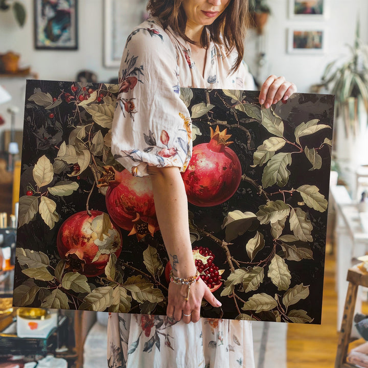Dark Pomegranate Tapestry Canvas – Moody Botanical Wall Art - Gifitto